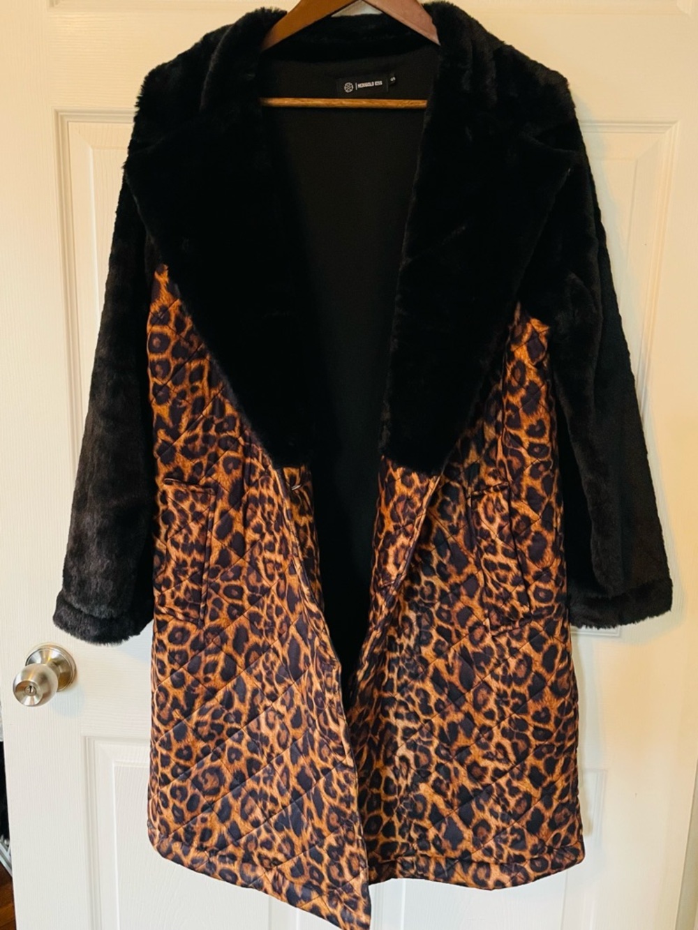 Leopard-Print Faux Fur Coat with Black Trim